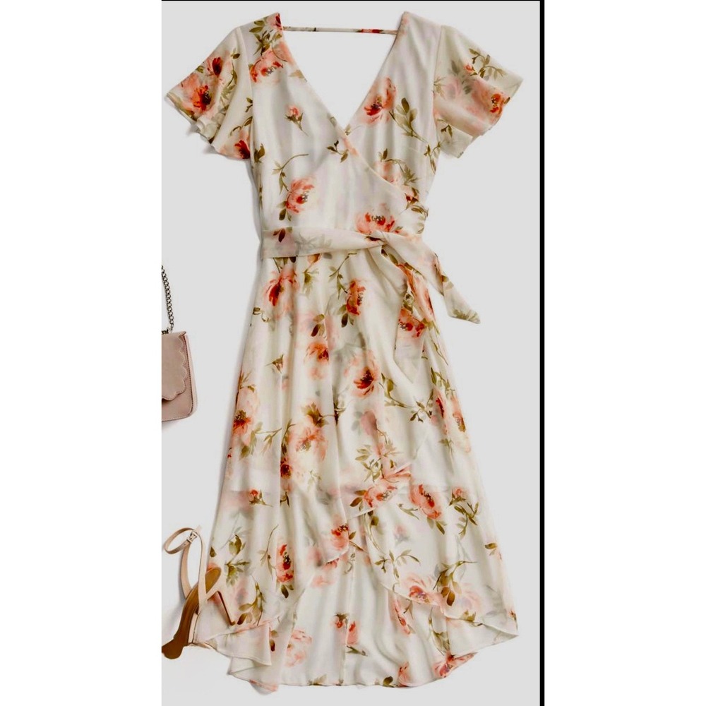 Fortune & Ivy Alana Dress White Floral High Low Faux Wrap Chiffon Size 14 NWT